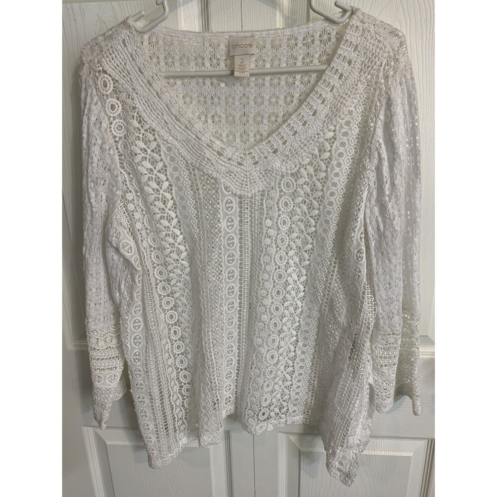Chico’s Y2K Crochet Knit Sweater Shirt Women’s 2 White V-Neck Pullover Beach